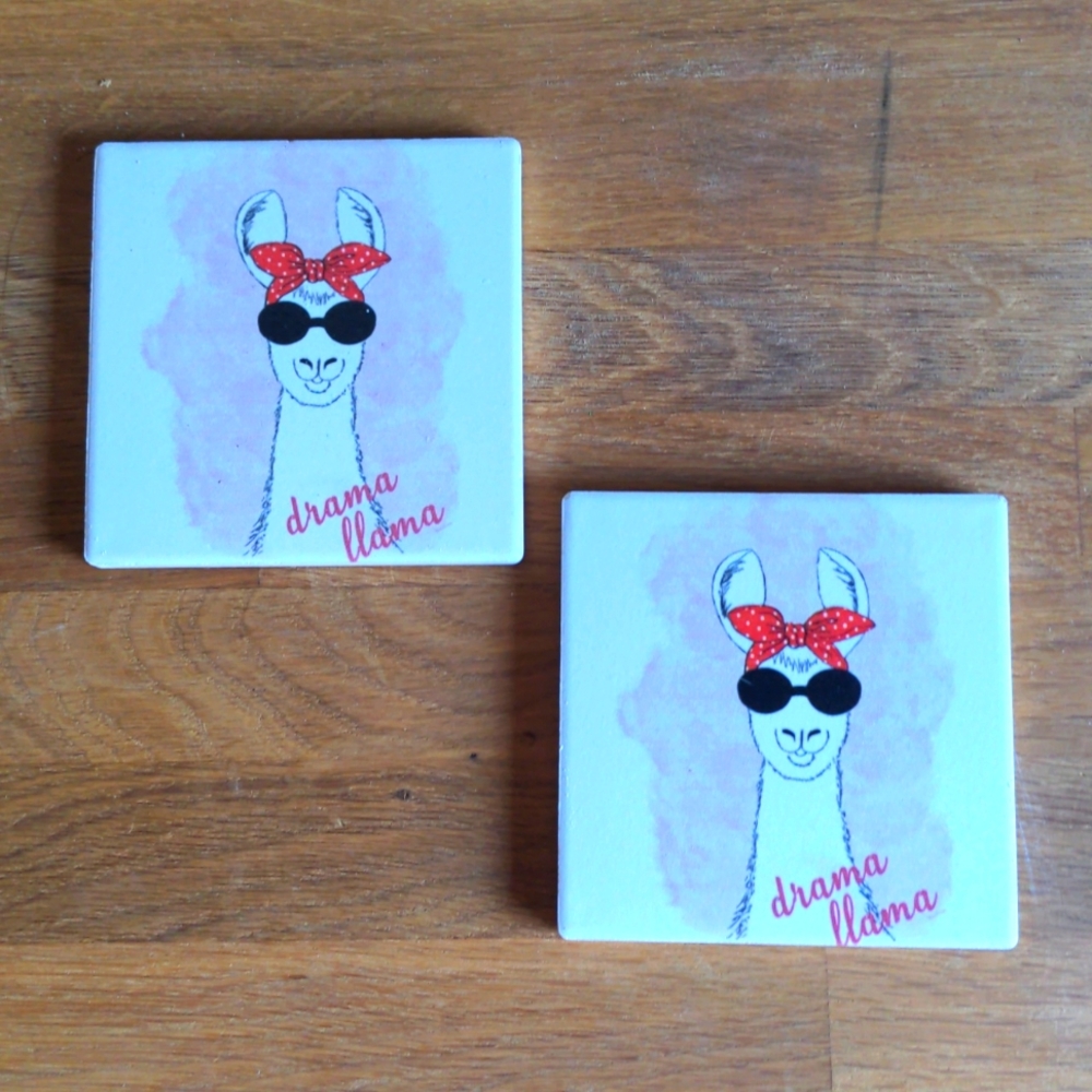 2 Drama Llama cinnabar coasters
